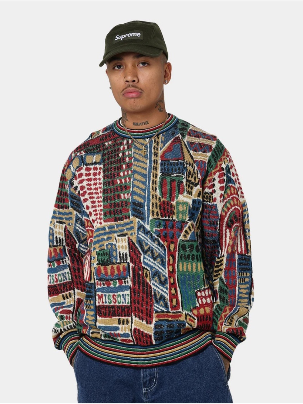 SUPREME X Missoni Multicolor Graphic Crewneck Sweater FW21 Burgundy M Medium